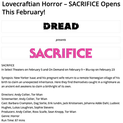 Lovecraftian Horror – SACRIFICE Opens This February!